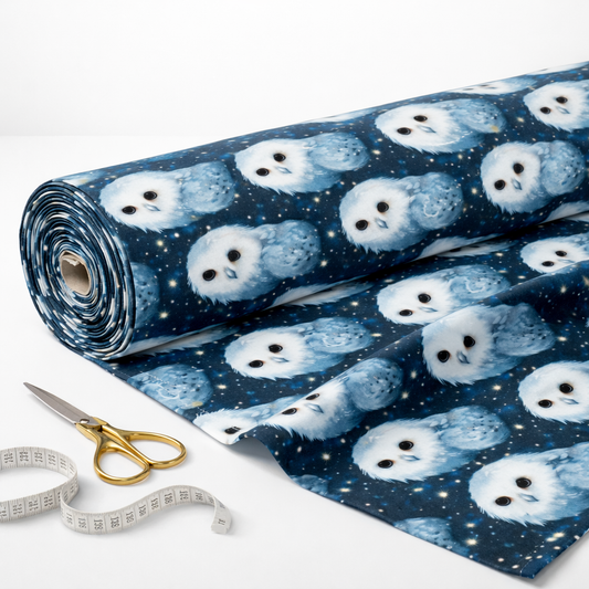 Baumwolljersey weiße Eulen auf nachtblauem Hintergrund
